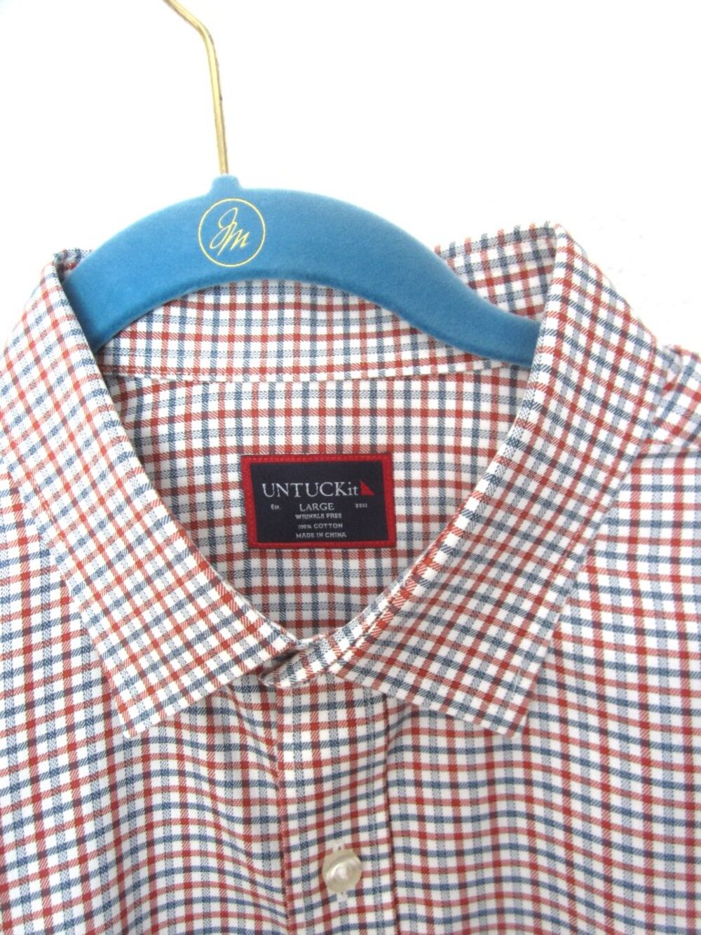 Untuckit Monello Reg Fit L Large Red Blue Check Plaid Long Sleeve Shirt Men's